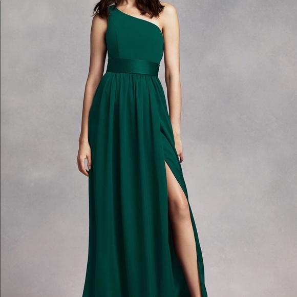 WHITE by Vera Wang Gown Dress Green 16 One Shoulder Satin Sash Pockets Wedding - Picture 1 of 16